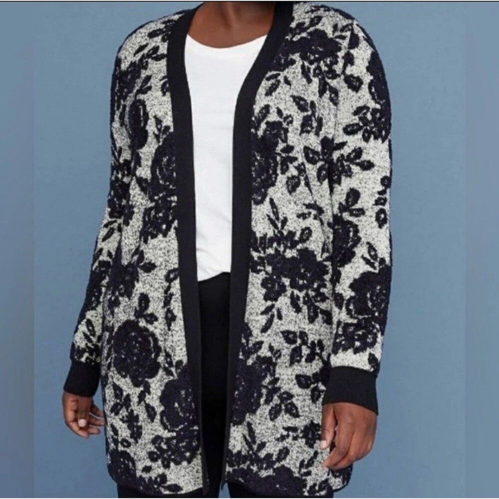 Palette Womens L Black Floral Nylon Open Front Long Sleeve Cardigan Sweater Soft